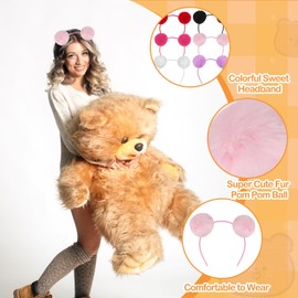 Ewaycom Women Fluffy Pom Pom Headband 6Pcs Panda Bear Ears Furry Ball Candy Color Hairband Soft Eleatic Cute Animal Hair Hoop for Cosplay Parties Daily Dress Up