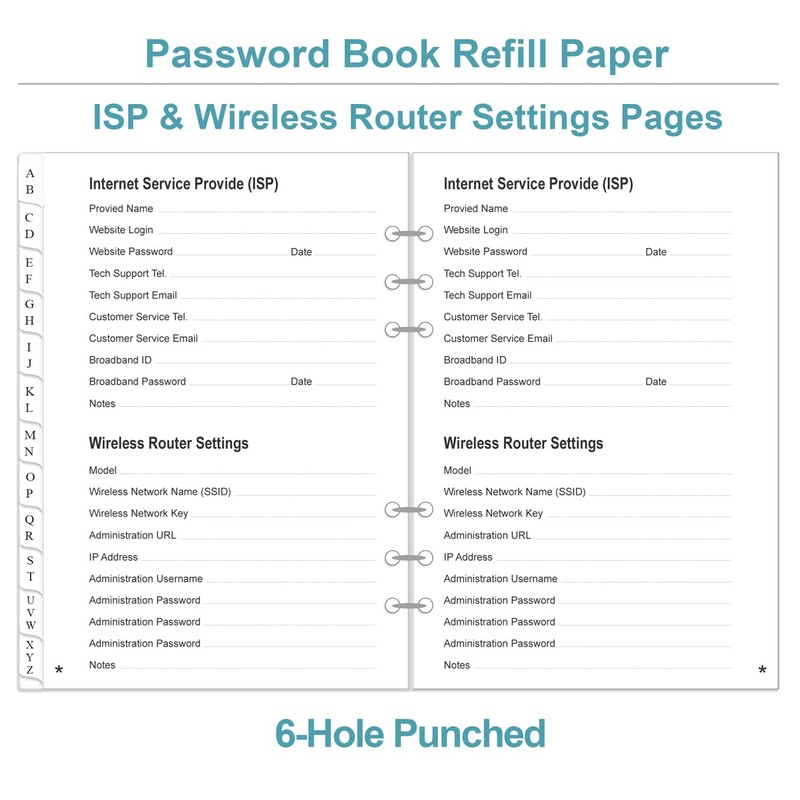 Password Book Refills for A5 Binder - A-Z Password Notebook