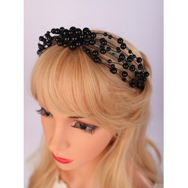 Teyglen Pearl Wedding Headband Bridal Wedding Pearl Beads Headband Tiara Floral Blue Red Black Pearl Hair Piece Hair Accessories for Women Girl Party Prom Brithday (Black)