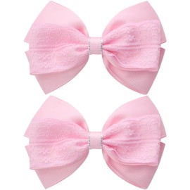 ZOLYCO 4-Inch Hair Bows Alligator Clips Delicate Lace Hair Accessories for Girls, Toddler, Kids and Women Daily Dress Up Birthday Wedding Christmas Occasions- Set of 2 (Pink)