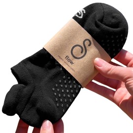 Pilates Yoga Barre Non Slip Grip Socks, Black Medium Unisex Size 23-25cm, GOTS Certified Organic Combed Cotton, Anti Slip Low Cut Trainer Height Gripper Socks