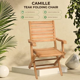 TeakCraft Teak Folding Arm Chair - Single Arm Chair- Fully Assembled - Solid Wooden Outdoor, Indoor- Wood Dining Room, Kitchen, Patio, Bistro Chairs, The Camile