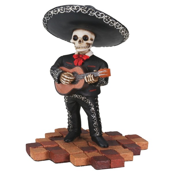 Short Skeleton Skull Black Mariachi Band Guitar Statue