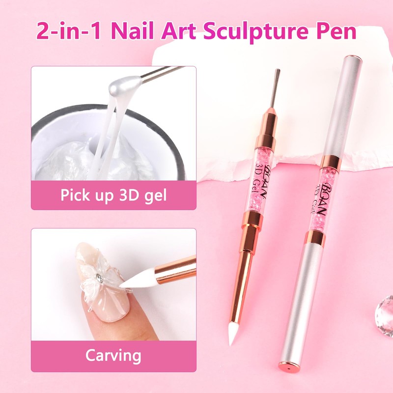 BQAN 2Pcs Dual-ended Nail Art Sculpture Pen, Silicone Nail Art