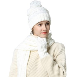 JSHANMEI Scarf Hat Glove Sets Cable Knit Winter Gift Set Pompom Hat Touch Screen Gloves Long Scarf 3pcs Cold Weather Warm Set for Women Girls(White)