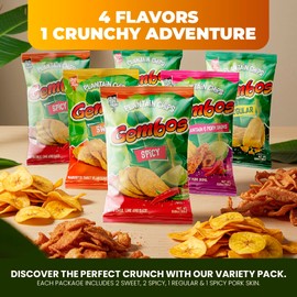 Gembos Variety Pack: Spicy Chile & Lime, Sweet Maduritos Plantain, Spicy Plantain & Pork Skins, Salty Snack Foods - Perfect Snack Pack with Platanitos Chips for a Flavorful Experience, 4 Oz, 6-Pack