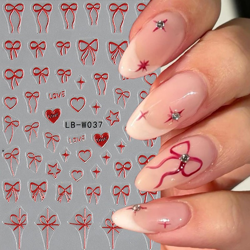 8Pcs Heart Bow Nail Art Stickers 3D Self Adhesive Valentines