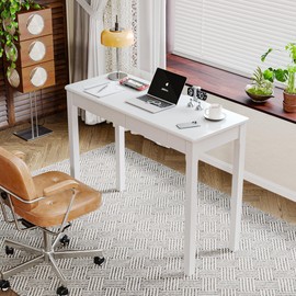 ENPKLUTE Solid Wood Desk with Drawers - 39 x 16 Inch Narrow Desks, Mid Century Modern Desks, Rubber Wood Study Table, Small Writing Desk for Small Spaces|Bedroom - White