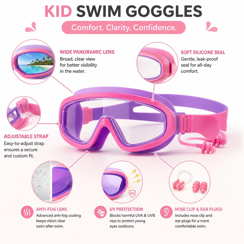 Kids Swim Goggles for Boys & Girls – Panoramic Anti-Fog
