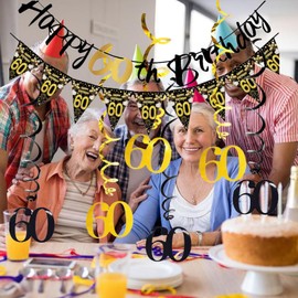 Melhope 60th Birthday Party Decorations Black and Gold Happy Birthday Bunting Banner Triangle Flags with 6pcs Hanging Swirls Streamers for Men Party Decor Supplies