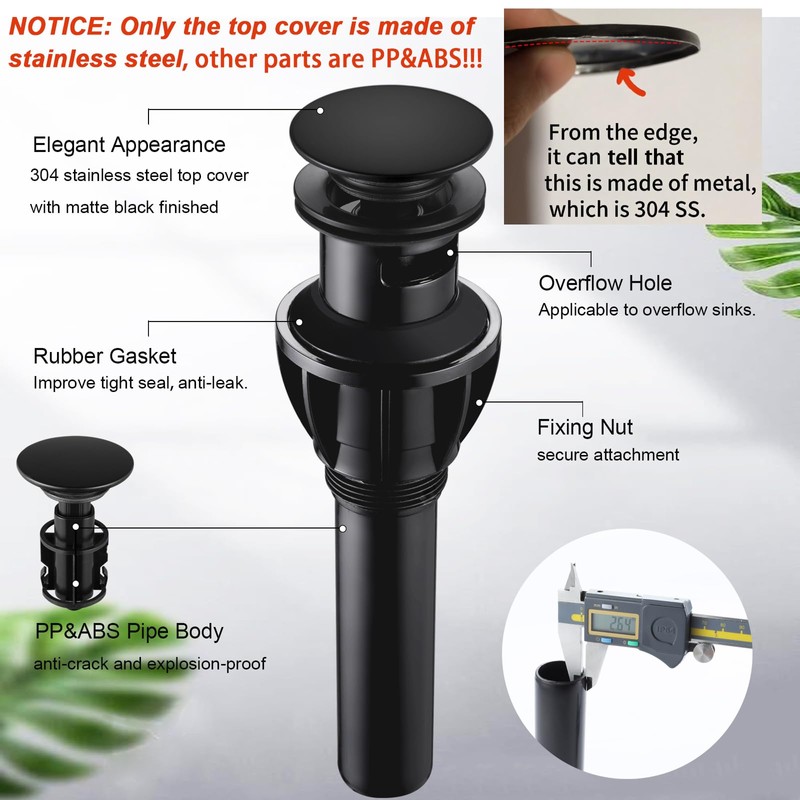 Bathroom Sink Drain, Pop Up Drain Stopper with Overflow, Lavatory