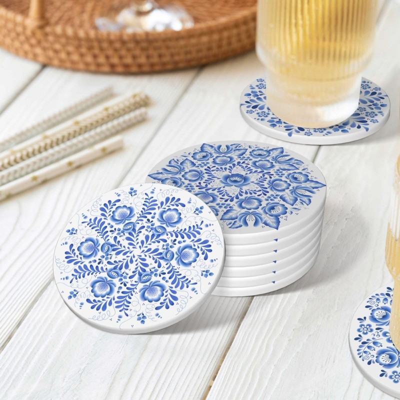Coasters with Holder,Blue and White Flower Style Ceramic Drink Coaster,