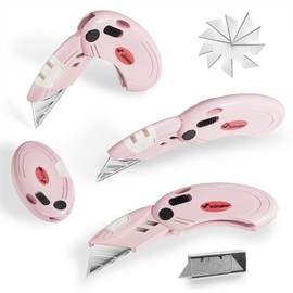 Scimaker 4 Pack Folding Utility Knife with 10 Extra Blades,Box Cutter with Button Lock Mechanism,Small Pocket Knife for Home,Office and Warehouse,Pink.