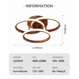 Dimmable LED Semi Flush Mount Ceiling Light Fixture with Remote Control 3-Color Dimming Circle Modern Chandelier, Close to Ceiling Bedroom Kitchen Hallways Balcony Corridor Lamp (15in- 3 Ring Wood)