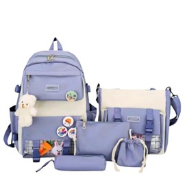 Kawaii 5-piece backpack set, cute school aesthetic schoolbag, youth supplies backpack set and accessories (Blue Schoolbag2, 16.5x 12.2x 5.5 inch)