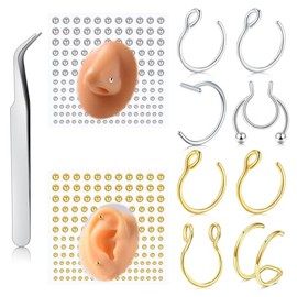 VFUN Stick On Fake Bridge Eyebrow Piercing Fake Lip Ring Ball Spike Fake Nose Ring Hoop Fake Face Piercing Stick On Fake Eyebrow Piercing