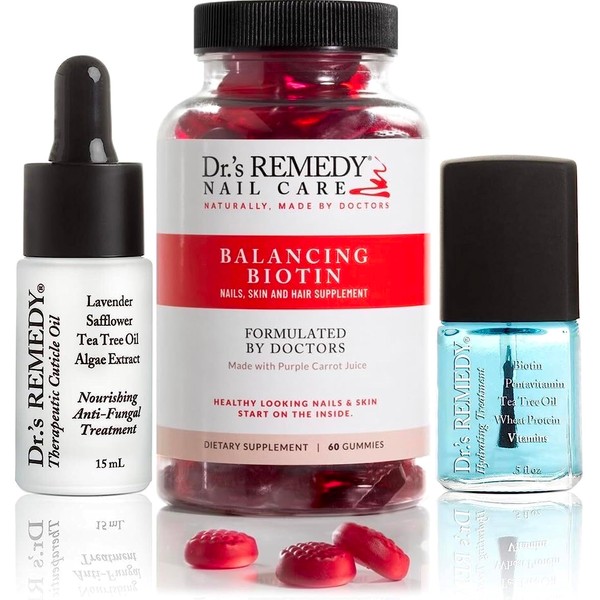 Dr’s Remedy 3 Pack Nail Polish Treatment, HELPFUL Healing Trio, All Natural Enriched Nail Strengthener Non Toxic and Organic - CARESS Cuticle Oil/Hydration Nail Moisture/BALANCING Biotin Supplement