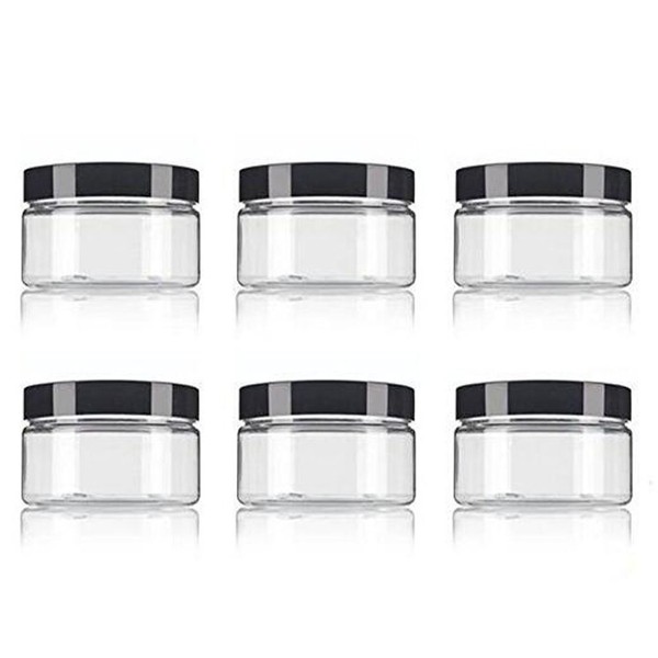 Clear PET Plastic (BPA Free) Refillable Low Profile Jar 8 Oz / 250ml Empty Cosmetic Containers Cases with Black Lid for Lip Balm Make Up Eye Shadow Powder Cream Lotion Bottle Food Bottle (6 Pack)