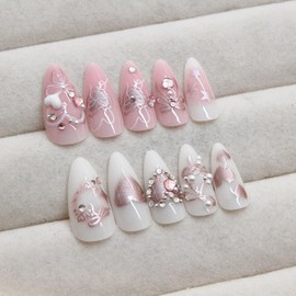 Medium Almond Press on Nails Pink Smudge Fake Nails Bow Heart Pearls Rhinestones Glue on Nails Off White Transluent Nails Press ons Sweet & Cute False Nails for Women 24 Pcs