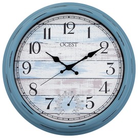 OCEST 16 Inch Indoor Outdoor Clock, Waterproof Large Wall Clock with Thermometer, Silent Non-Ticking Battery Operated Decor for Patio Pool Porch Garden Garage（Blue）