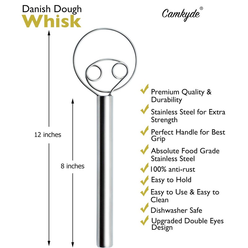 CAMKYDE Danish Dough Whisk 12-Inch Double Eyes Stainless Steel Dutch