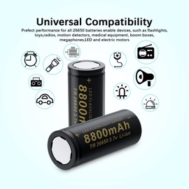 DQGG 26650 Rechargeable Battery 2pcs 3.7v 8800mAh Battery for Flashlights Headlamps(Flat Top)