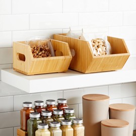 Farmlyn Creek 2 Pack Stackable Bamboo Wood Storage Bins - Pantry Organizers And Storage for Kitchen Pantry (2 Sizes)