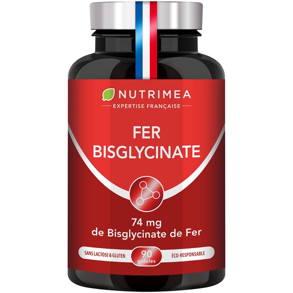 Iron Bisglycinate + Vitamin C – 14 mg of Iron/Capsules – Provides 100% of daily needs – Maximum absorption and bioavailability – Nutrimea – 90 Vegan Capsules – Made in France