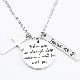 Christian Religious Necklace Stainless Steel Round Pendant Engraved Bible Verse When You Go Through Deep Waters I Will be With You