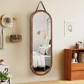 ABSWHLM 16"x48" Oval Full Length Mirror Solid Wood Wall Mirror with Hanging Strap for Living Room Bathroom Bedroom Entryway - Brown