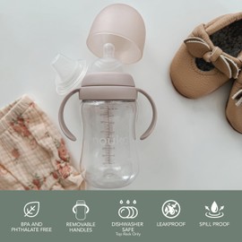 noüka Transitional Baby Bottle/Sippy Cup | Non Spill | Easy Grip Double Handles | Dishwasher Friendly | Sand | Size 8 Oz