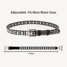 JAMAKALA Women Fashion Leather Belt, Metal Punk Studded Belt, Studded Rivet Double Grommet Belt for Women Men (Black, 43'')