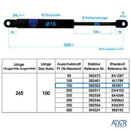 RhedexX® Gas Spring Replacement for Stabilus Lift-O-Mat 082503 0150N, Gas Spring Gas Spring with Joint Eye Attachment Length 265 mm, Stroke 100 mm, Kraft-150N (082503-265/100/150N)