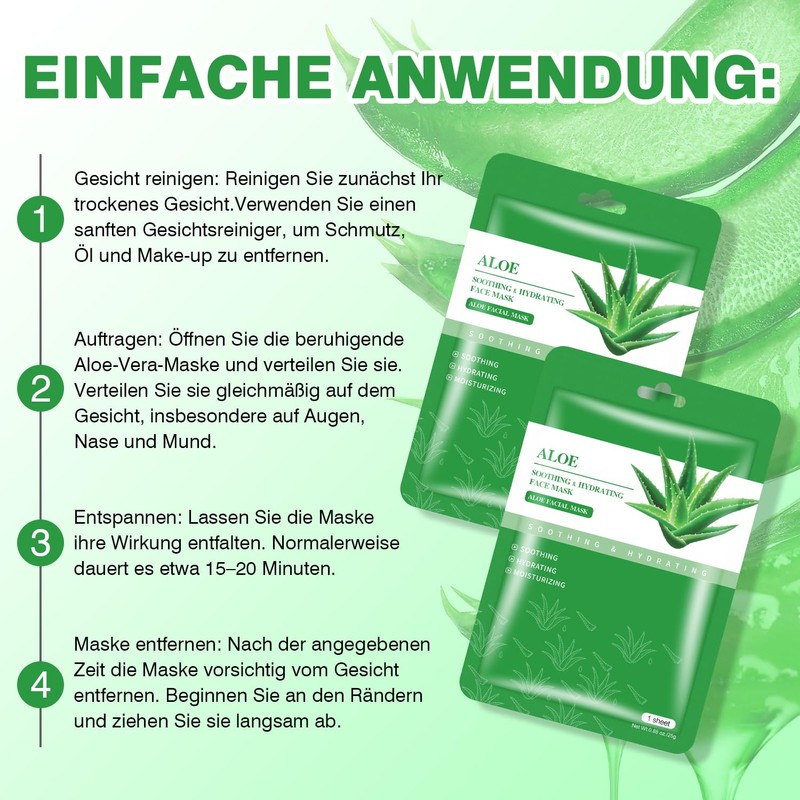 Aloe Vera Gesichtsmaske, Beruhigende & Feuchtigkeitsspendende Tuchmasken, 10 Stück, 25g