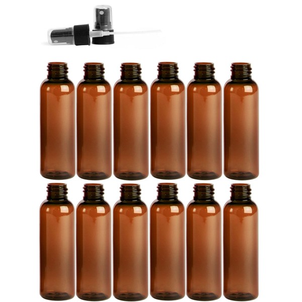 Premium Essential Oil 2 Ounce Cosmo Round Bottles, PET Plastic Empty Refillable BPA-Free, with Black Ribbed Fine Mist Pump Spray Caps (Pack of 12) (Amber)