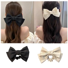 Langzu Ribbon, Scrunchie, Hair Ornament, Ribbon Elastic, Hair Elastic, Hair Accessory, Set of 2, Hair Clip, Tie Hair, Entrance Ceremony, Graduation Ceremony, Korean Style (Black + White)