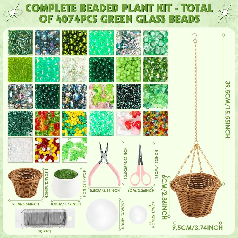 MROUEN 4074 Pcs Green Glass Beaded Plant DIY Kit –