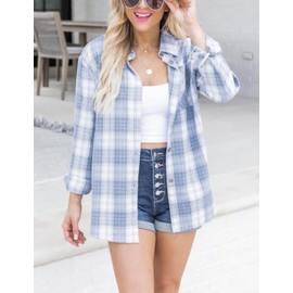 Agoeast Womens Oversized Button Down Plaid Flannel Shirts Casual Long Sleeve Checked Blouse Top(0068-Blue-S)
