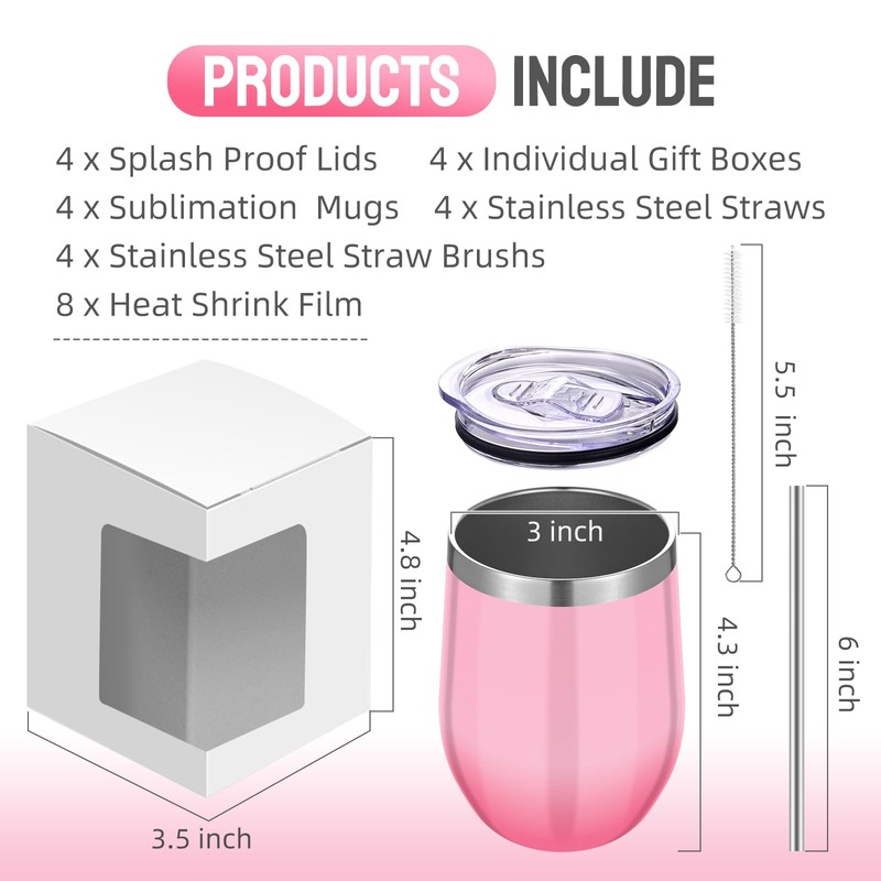 12 oz Sublimation Wine Tumblers Blanks, 4 Pack Double Wall
