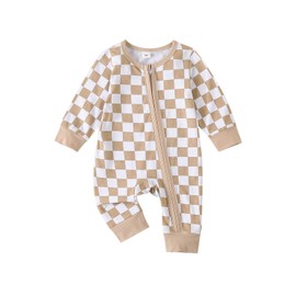 Karuedoo Newborn Baby Boy Girl Clothes Checkered Long Sleeve Zipper Romper Jumpsuit One Piece Bodysuit Fall Winter Outfit (Khaki, 6-9 Months)
