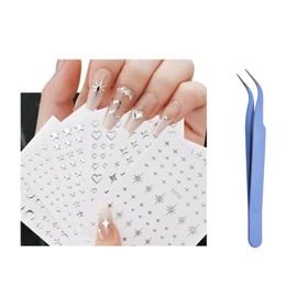 Nail Art Sticker Selbstklebend Nagelaufkleber Silber Kreuz Stern Herz Mond Nageldesign Nail Art Aufkleber für Nägel Zubehör,6 Blatt Nagelsticker mit Pinzette (6 Blatt nagelsticker silber)