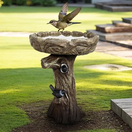 SunJet 23 Inch High Wood-Look Concrete Bird Bath with Decorative Faux Bird – Birdbath Rustic & Long-Lasting Design, Enhances Garden, Patio, Yard, Lawn Decor