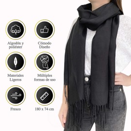 Vedicci Pashmina para Mujer con Acabado Suave y Ligero - Bufanda/Chal Ideal para Fiesta y Accesorios de Invierno - Ropa de Invierno - Scarf (Negro)
