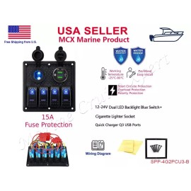 STX 4 Gang Toggle Rocker Switch Panel Breaker USB 3.0 Marine Boat RV Camper Blue LED
