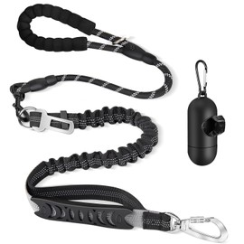 SlowTon Dog Leash, Heavy Duty Bungee Dog Leash, Comfortable Padded Handle and High Reflective Strip, Dog Leash with Car Seat Belt, Durable and Non-Tangled, Suitable for Medium and Large Dogs (Black)