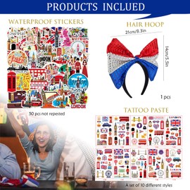 1p Union Jack Bow Headband with 115p UK Temporary Tattoos 50p UK Waterproof Stickers for Novelty Fancy Dress,Great Britain National Flag Tattoo,80 Year Victory Patriotic Sticker for UK Royal Party