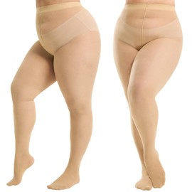 Aaronano 2 Pairs Plus Size Pantyhose for Women, 40D Semi Sheer T-Crotch Tights High Waist Stockings with Reinforced Toe(Nude,3XL-4XL)