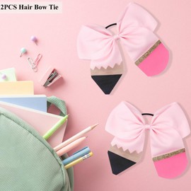 2PCS Back To School Hair Bows Tie Pencil Bows Pink Pencil Cheer Hair Bow Ties with Elastic Pencil Ponytail Holder Cheerleader Hair Accessories for First Day of School Kindergarten Girls