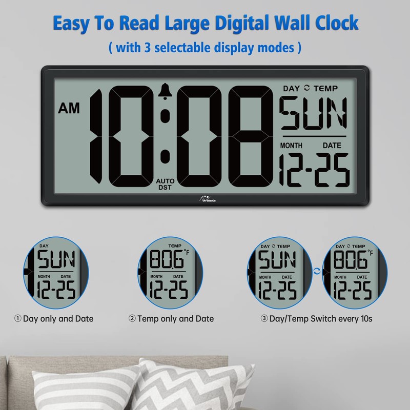WallarGe 14.5'' Large Digital Wall Clock Battery Operated with Jumbo