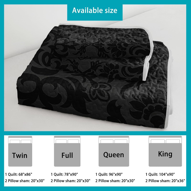 Axolotl Black Damask Quilt Set King Size,Dark Gothic Bedspread Coverlet